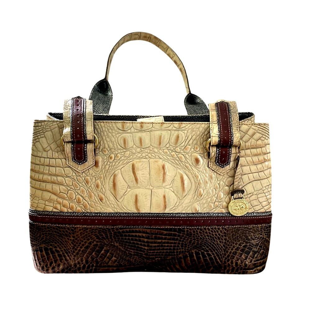 Brahmin Vintage Melbourne Leather Shoulder Bag Croc Embossed Cream Brown